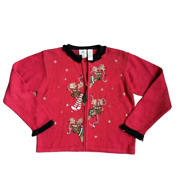 2/$18 SALE! Tiara Girls Holiday Reindeer Cardigan Sweater 12 Embroidered Beaded - Picture 1 of 7